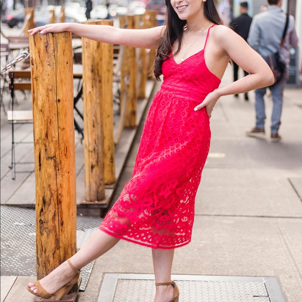 DEX red lace midi dress with adjustable straps